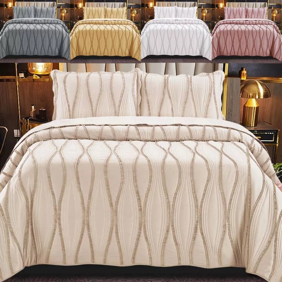 3 Piece Quilted Bedspread Bed Throw Embossed Bedding Set Single Double King Size - Image 1 of 1