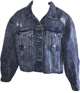 Women's XL Cropped Denim Jean Jacket Blue Marble Distressed NOBO New - Picture 1 of 4