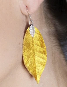 Orecchini Foglia Naturale Elegante Colore Oro Gancio in Argento 925 - Foto 1 di 5