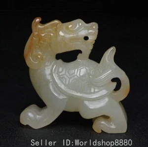 1.8" Old China Hetian Jade Carved Fengshui Dragon Tortoise Turtle Amulet Pendant - Picture 1 of 9