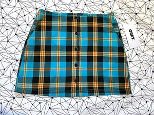 Obey Giant Clothing Joanie Blue Plaid Button Mini Skirt Women's Size 25 NWT - Picture 1 of 10
