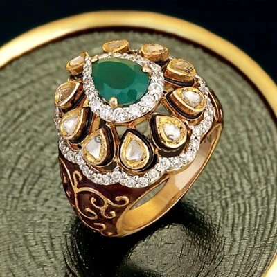 Esmeralda con anillo enchapado en oro de plata de ley 925 para hombre #AL667 Foto 1 de 4