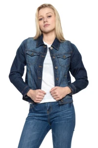 Women stretch denim jeans jacket crinkle wash dark indigo WG-67123 - Picture 1 of 8