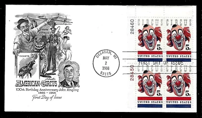 1309 5c Stamp (1966) CIRCUS CLOWN -- LOU JACOBS FDC BY ARTMASTER - PLATE BLOCK - Image 1 of 2