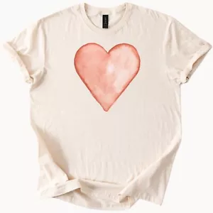 Watercolor Heart Graphic Tee Coral Pink Womens T Shirt - Picture 1 of 4