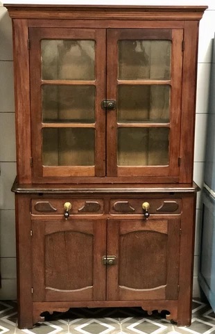 81" Antique Walnut Step Back Cupboard Hutch Wavy Glass Doors Primitive Cabinet Cover