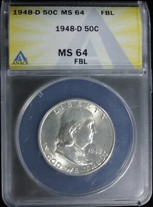 1948-D FRANKLIN HALF DOLLAR ANACS MS 64 FBL (2431481) - Picture 1 of 4