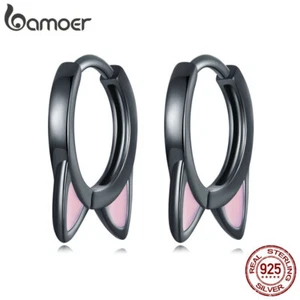 BAMOER Fashion 925 Sterling Silver Black Cat's Ear Clips Buckles Earrings Party - Picture 1 of 12