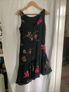 Together Black Floral Print Sleeveless Asymmetrical Flared Hem Size 10 - Picture 1 of 9