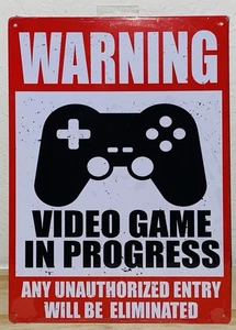 “Warning Video Game In Progress” Tin Sign 12” x 8” Metal Decor Wall Sign NEW - Picture 1 of 2