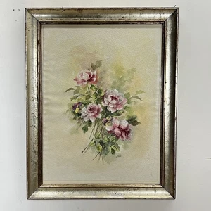 Quadro antico acquerello natura morta fiori Rose vintage shabby Cornice Argento - Imagen 1 de 17