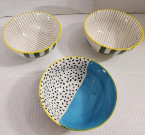 West Elm Cereal/Soup Bowls Set of 3 Blue w/ Dots & Stripes w/Yellow Trim - Picture 1 of 8