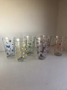 6 vasos de vidrio vintage Libbey a lunares de 6" púrpura rojo azul verde amarillo naranja - Imagen 1 de 8