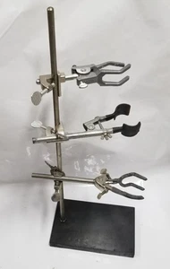 Supporto fiaschetta laboratorio chimica Castaloy vintage con 3 morsetti assortiti - Foto 1 di 4