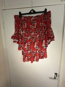 Ladies Blouse Bardot Style Red Flower Shirred Elastic Sleeve And Top, Size 14 - Picture 1 of 15