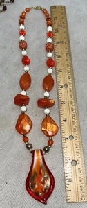 Vintage Lampwork Glas orange Anhänger & Halskette goldfarben klassisch Boho - Bild 1 von 5