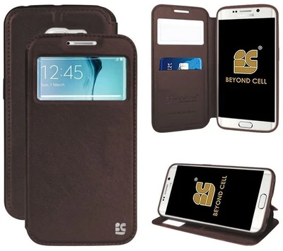 BROWN INFOLIO WINDOW WALLET CREDIT ID CARD CASE STAND FOR SAMSUNG GALAXY S6 EDGE - Image 1 of 4