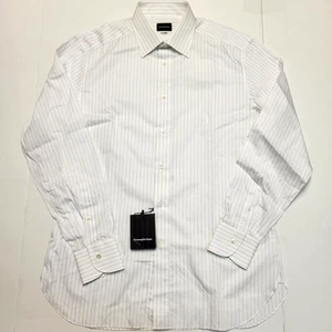 New ERMENEGILDO ZEGNA Button 100 FILI Shirt Men's 16 EU 41 L White Blue Striped - Picture 1 of 7