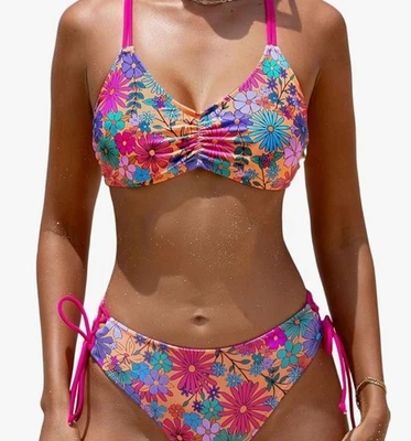 Floral bikini swimsuit M pink reversible bottom strappy swimwear beach glam new - Image 1 of 4