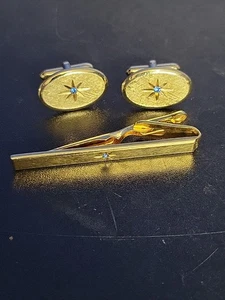 Vintage Cufflinks Tie Clip Set Blue Rhinestone Starburst Brushed Gold Tone Avon - Picture 1 of 3