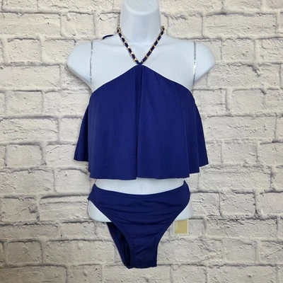 NUEVO CON ETIQUETAS MICHAEL Michael Kors 2 Piezas Traje de Baño Mediano Azul Real Halter Volantes Top Foto 1 de 4