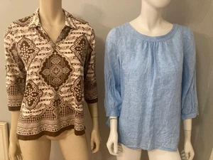 Talbots Lot of 2 Tops Blue Linen 3/4 Sleeve  Brown Popover  Med MP - Picture 1 of 10