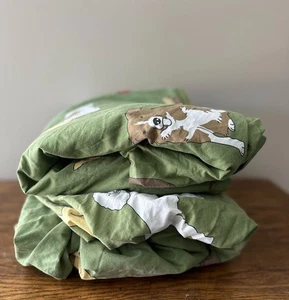 Plow and Hearth  Bedtime Tails Dog 100% Cotton King Sheet Set Green Flat Fitted - Picture 1 of 8