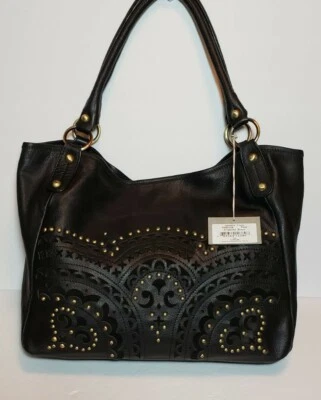 ISABELLA FIORE SABRINA PERFERATED STUDDED BLK LEATHER CONVERTABLE HOBO TOTE$395  - Image 1 of 4
