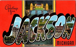 Tarjeta postal saludos desde Jackson Michigan carta grande tarjeta lino sin publicar - Imagen 1 de 2