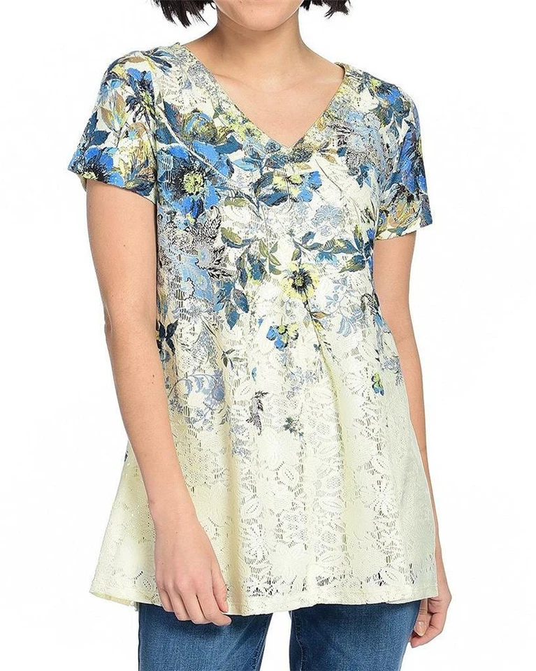 NEW - One World Printed Lace Short Sleeve Embellished Top w/ Attached Camisole - Image 1 of 1