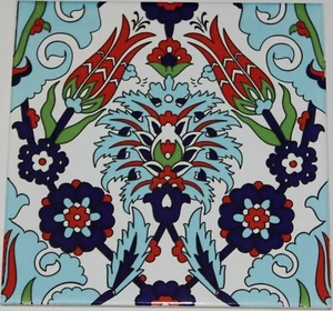 8"X8" (20cm x 20cm) Turkish Iznik Red Tulip & Floral Pattern Ceramic Tile - Picture 1 of 3