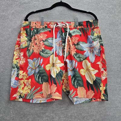 Abercrombie & Fitch Men Swimwear 32 Red Swim Trunks Floral Drawstring Logo - Image 1 of 4