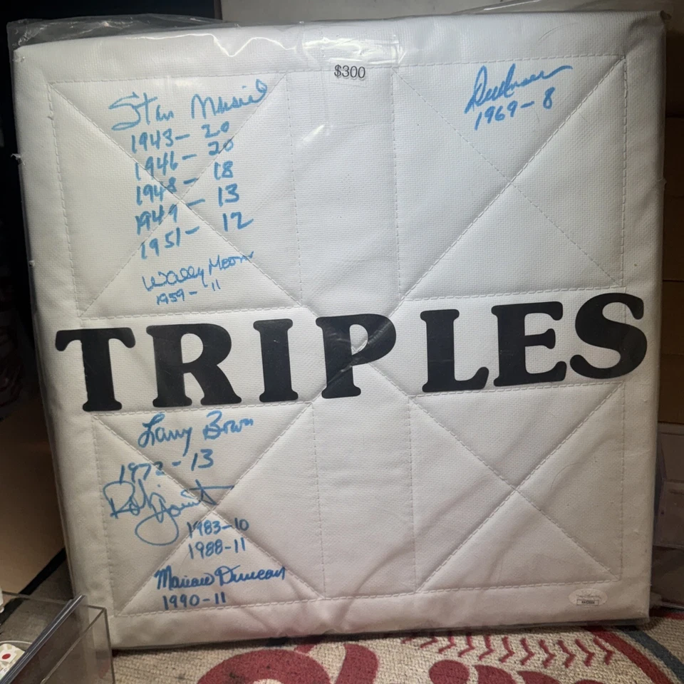 MLB Multi-signed Base Musial Moon Bowa Yount Unser Duncan Triples Stats- JSA - Image 1 of 4