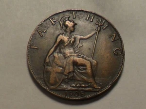 1908 NICE GREAT BRITAIN BRONZE FARTHING KM#792 LOW MINTAGE 4,265,000!! - Picture 1 of 2