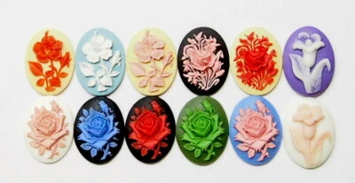 12 Colors of 40x30 mm Flower Cameos, Hibiscus, Roses, Lilly's, All Very Nice New - Image 1 of 4