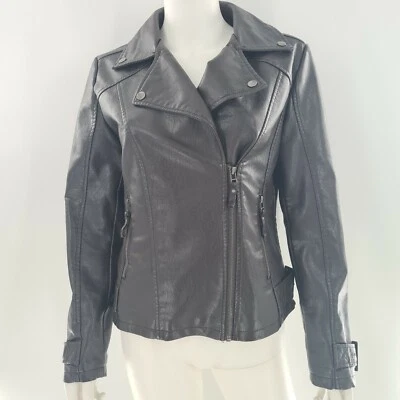 全新带标签女式 MAX STUDIO 棕色人造皮革摩托夹克 M — 第 1/4 张图片