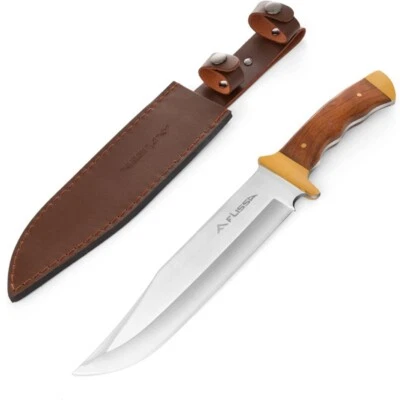 Flissa 14" Bowie Hunting Knife Full-Tang Fixed Blade Wood Handle Knife w/ Sheath