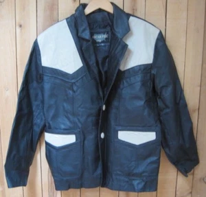 Oscar Piel Black & Tan Bone 2 Button Front Textured Leather Blazer Jacket Small - Picture 1 of 10