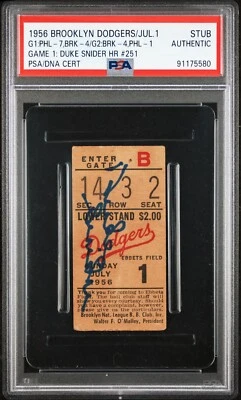 PSA 1956 年门票 Sub 布鲁克林道奇队 vs. Phillies Duke SNIDER HR 251 签名亲笔签名 — 第 1/2 张图片