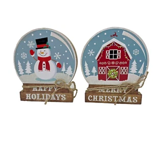 Christmas Snowglobe Shelf Sitter Signs Snowman Barn Pressed Wood Farmhouse Style - Picture 1 of 6
