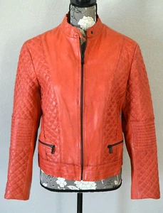 VTG ladies quilted 100% leather coral orange Biker Jacket Unique Andrew Marc XL - Picture 1 of 14
