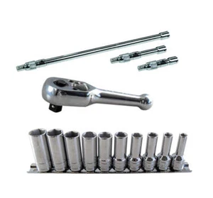 Britool Semi Deep Socket Set 6-15mm + Ratchet + Lock-on Extension Bars - Picture 1 of 4
