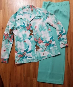 NOS Vintage 1970 SEARS Floral Pant Set Women 2 Pc Aqua Green Polyester Knit READ - Picture 1 of 12
