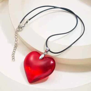 Vintage Inspired Red Heart Pendant Necklace Faux Leather Chain Women Gift New - Picture 1 of 3