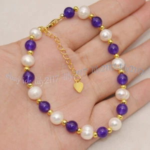 6mm Purple Amethyst Round Gems White 8-9mm Freshwater Pearl Bracelet 7.5inches - Picture 1 of 4
