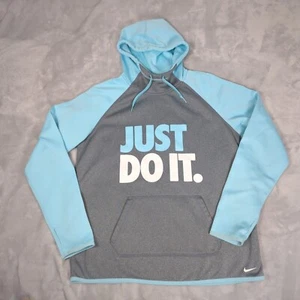 Nike Thermal Hoodie Women Large Gray Blue Pocket Just Do It Spell Out Sweatshirt - Picture 1 of 13