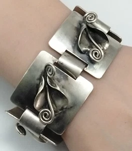 Vintage Sterling Silver Peace Lily Modernist Square Panel Link Bracelet 7" FZZ - Picture 1 of 7