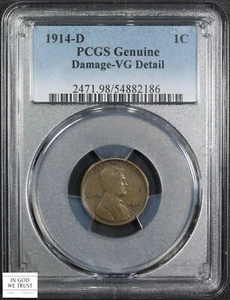 1914 D Lincoln Wheat Copper Cent 1C PCGS VG Detail - Damage - Picture 1 of 5