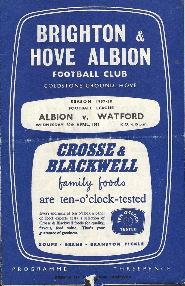 Brighton & Hove Albion v Watford. Division 3. 1957-1958 CHAMPS 6-0 Over 30,000 - Image 1 of 1