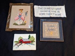 Lot of 4 Vintage Completed Embroidery Crewel Needlepoint Cross Stitch - Picture 1 of 8